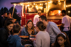 Group of people enjoying pizza in front of the five alarm pizza firetruck